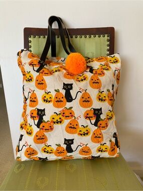 Eccolo Halloween Canvas Tote Bag Black Cat Jack O Lantern Pumpkin Pom Pom Kawaii